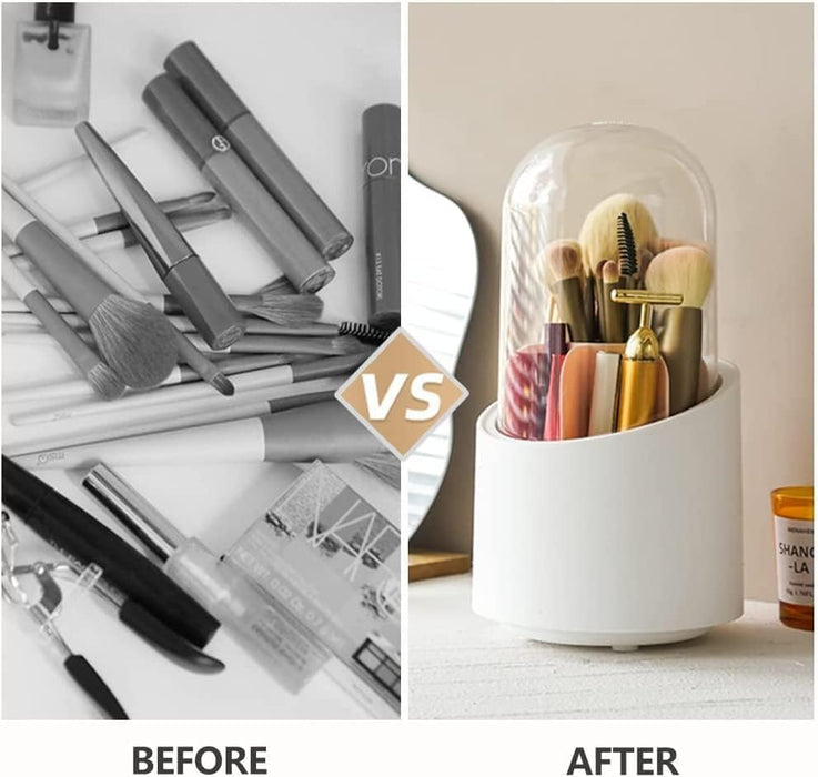 NP Rotating Makeup Brush Holder with Lid, Dustproof Cosmetic Brush Storage Organizer for Vanity Bathroom Dresser, Pen Pencil Holder for Office School, Acrylic Rack