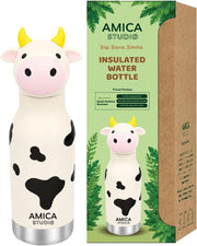 Kids Water Bottle 460ml Insulated Stainless Steel - AMICA STUDIO (Yellow) - Moo the Cow