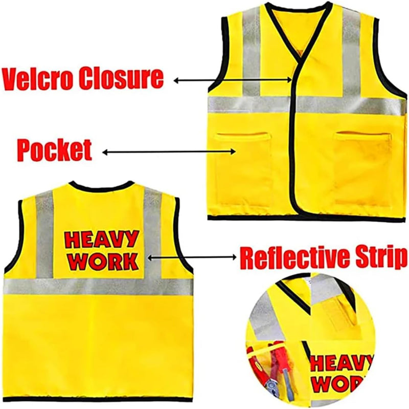 AMERTEER Construction Worker Costume for Kids Builder Dress-Up Set with Tool Belt, Hard Hat, Safety Vest & Toy Tools Pretend Play Outfit & Halloween Costume for Boys & Girls Ages 3-6