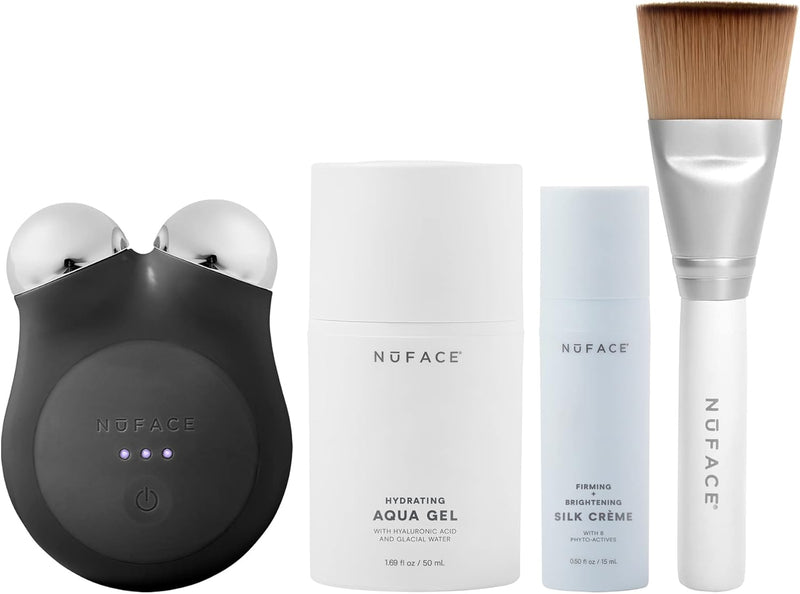 NuFACE Mini+ Sandy Rose Starter Kit - Lift, Contour & Tone your skin - Portable Petite Facial Toning Device - Includes Silk Crème & Aqua Gel - Black