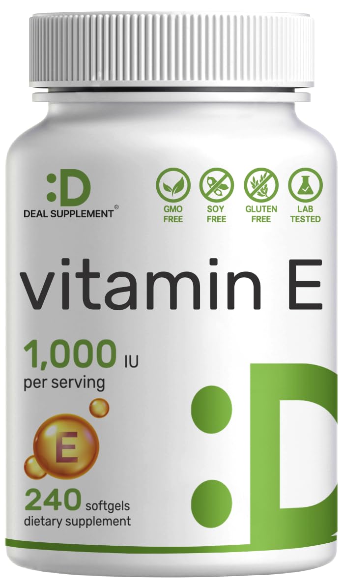 DEAL SUPPLEMENT Vitamin E Supplements, 1,000 IU Per Serving, 240 Softgels â€“ Extra Strength Antioxidant Protection â€“ Bioavailable Stable Form â€“ Skin, Heart, Brain, & Immune Support â€“ Non-GMO