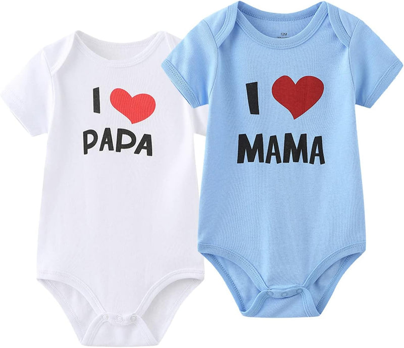 MAMIMAKA Unisex-Baby 2-pack Solid One-Piece Newborn Twins I Love Papa I Love Mama Bodysuits 0-24Months Boys and Girls
