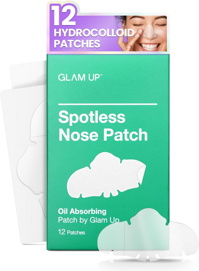 GLAM UP Spotless Nose Patch Hydrocolloid Coverage for Nose Pores,Zits and Oil - Strong Waterproof to Absorb Acne Nose Gunk, and Calm Treatment with Tea Tree (12 Patches)