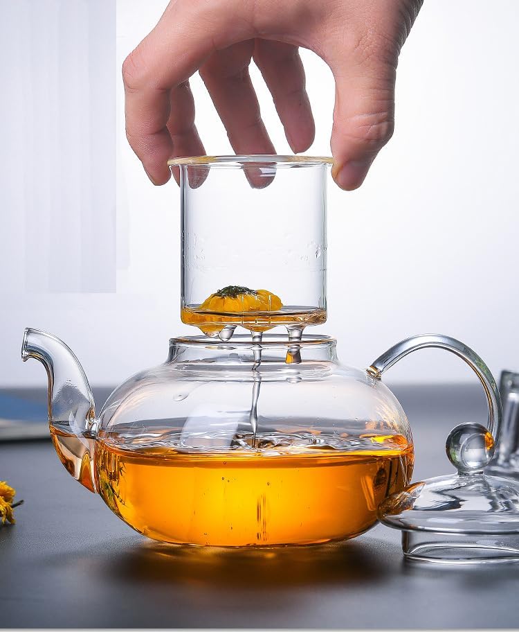 TAPIT 800ml Glass Teapot with Infuser, Borosilicate Glass Tea Kettle for Loose Leaf Tea, Transparent Teapot with glass Removable Infuser,Microwavable and Stovetop Safe (600ml-Round)