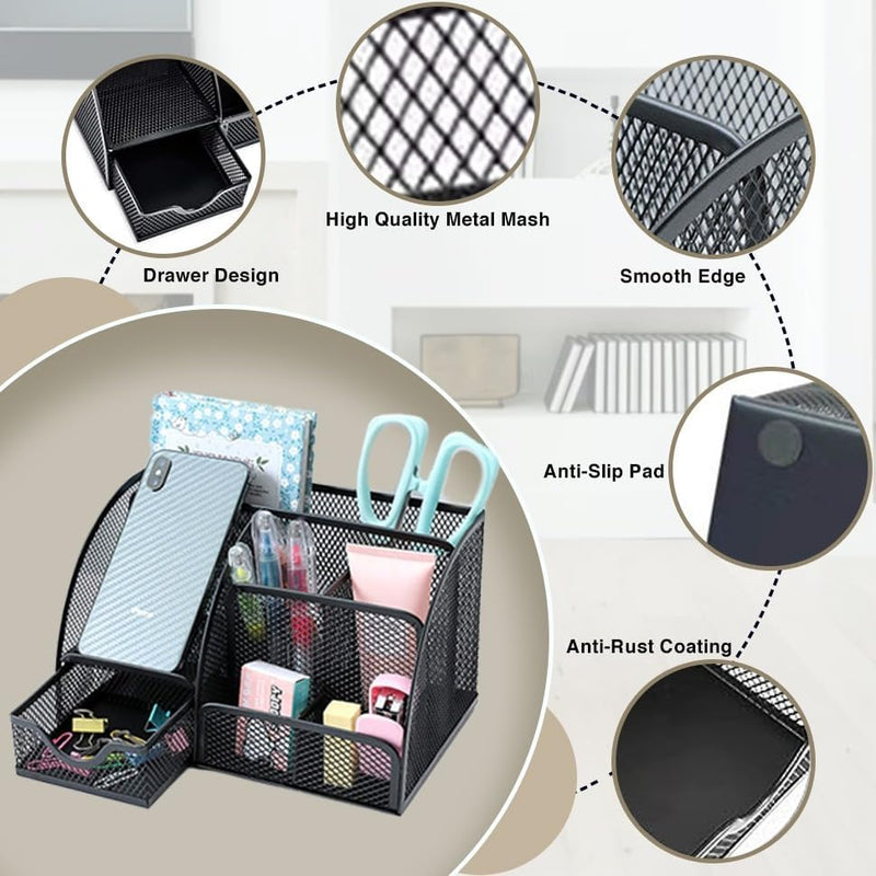 FATI Accessories FATI Desk Organizer Mesh Pen Holder with 6 Compartments and 1 Drawer Stationery Organizers for Home Office School Classroom Multifunctional