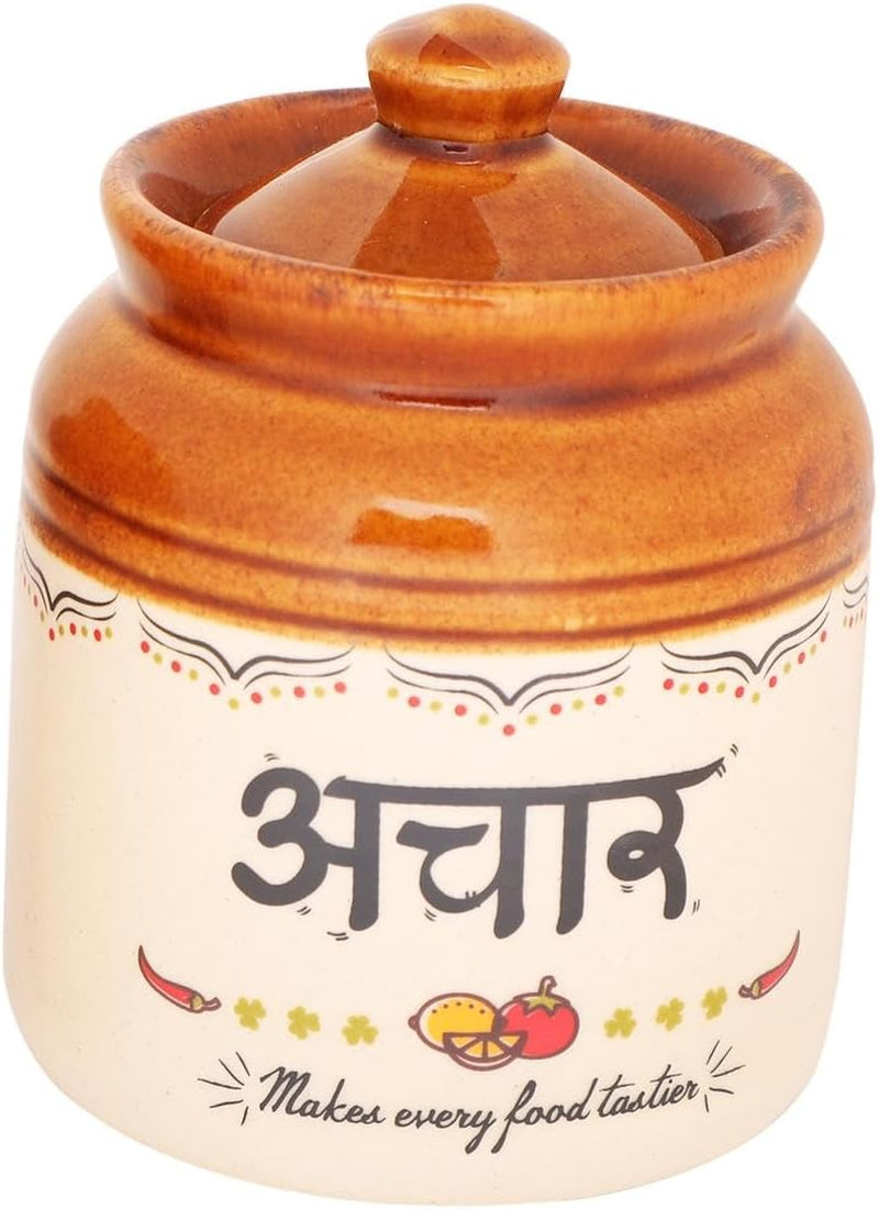 EK DO DHAI (DEVICE) Ek Do Dhai Ceramic Pickle Jar Elegant Jars For Pickles Containers With Lids Convenient For Dining Table Martbaan Stoneware Printed 1 Piece 300 Ml 10 Oz, Multicolor