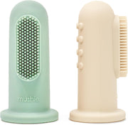 Baby Finger Toothbrush 2-Pack Silicone Finger Brush Infant & Toddler Food Grade Training Aid 100% BPA and chemical-free Babies First Toothbrush Designed in Sweden Blush/Shifting Sand - Cambridge Blue/Shifting Sand