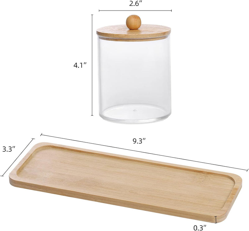 Tbestmax 10 Oz Cotton Swab/Ball/Pad Holder with Vanity Tray, Qtip Apothecary Jar, Clear Bathroom Containers Dispenser for Storage 3 Pack Wood Lids - brown