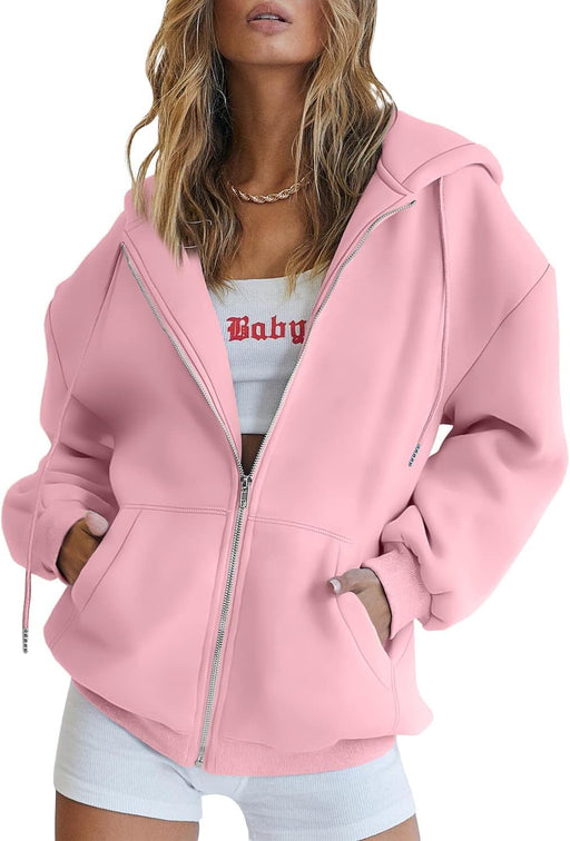 Womens Zip Up Y2K Hoodies Long Sleeve Fall Oversized Casual Sweatshirts Fleece Jacket with Pockets - Pink