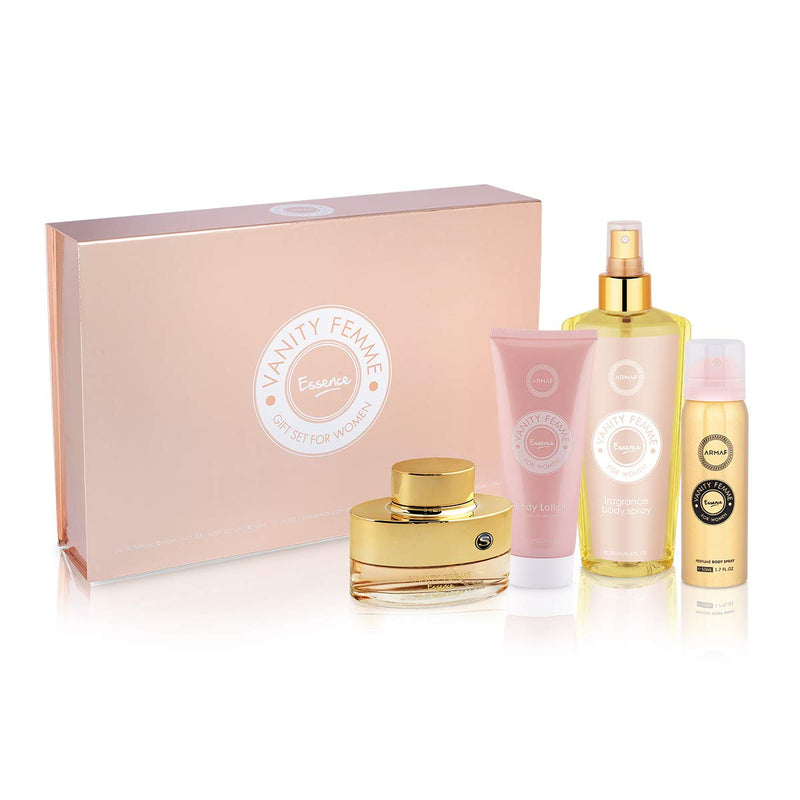 Armaf Vanity Femme Essence For Women, 4 Piece Gift Set, Eau De Parfum - 100ml + Body Lotion - 100ml + Fragrance Body Spray - 250ml + Perfumed Body Spray - 50ml, For Her