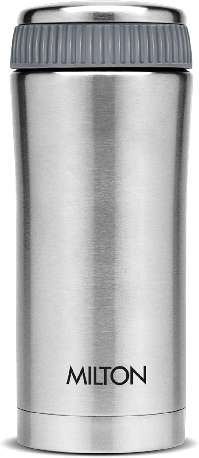 MILTON 420ml Vacuum Insulated Tumbler with Compartment, 18/8 Stainless Steel, Keeps Drinks Hot and Cold, Double-Walled Thermos Flask with Inner Copper Coating, Travel Coffee Mug- Optima - Silver - 340 ml