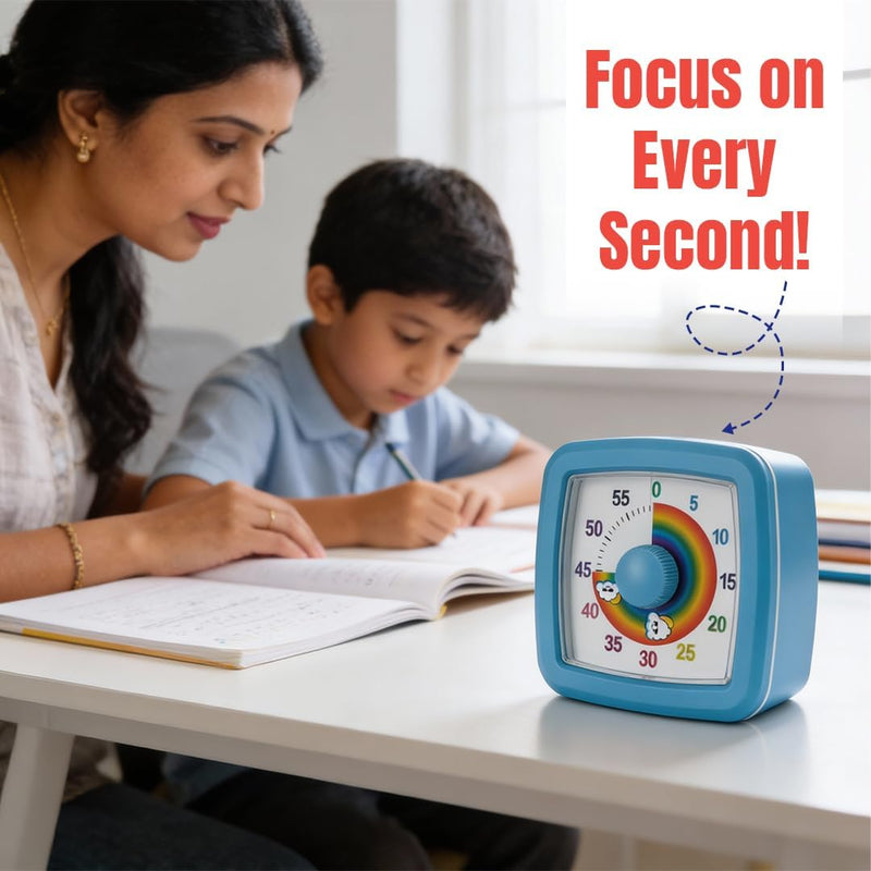 Rainbow Visual Timer for Kids (60 Minute) Silent Analog Countdown Clock with Colorful Time Management Disk Ideal for Classroom, Study, Therapy, and ADHD Focus Routines (Blue, 9cm)