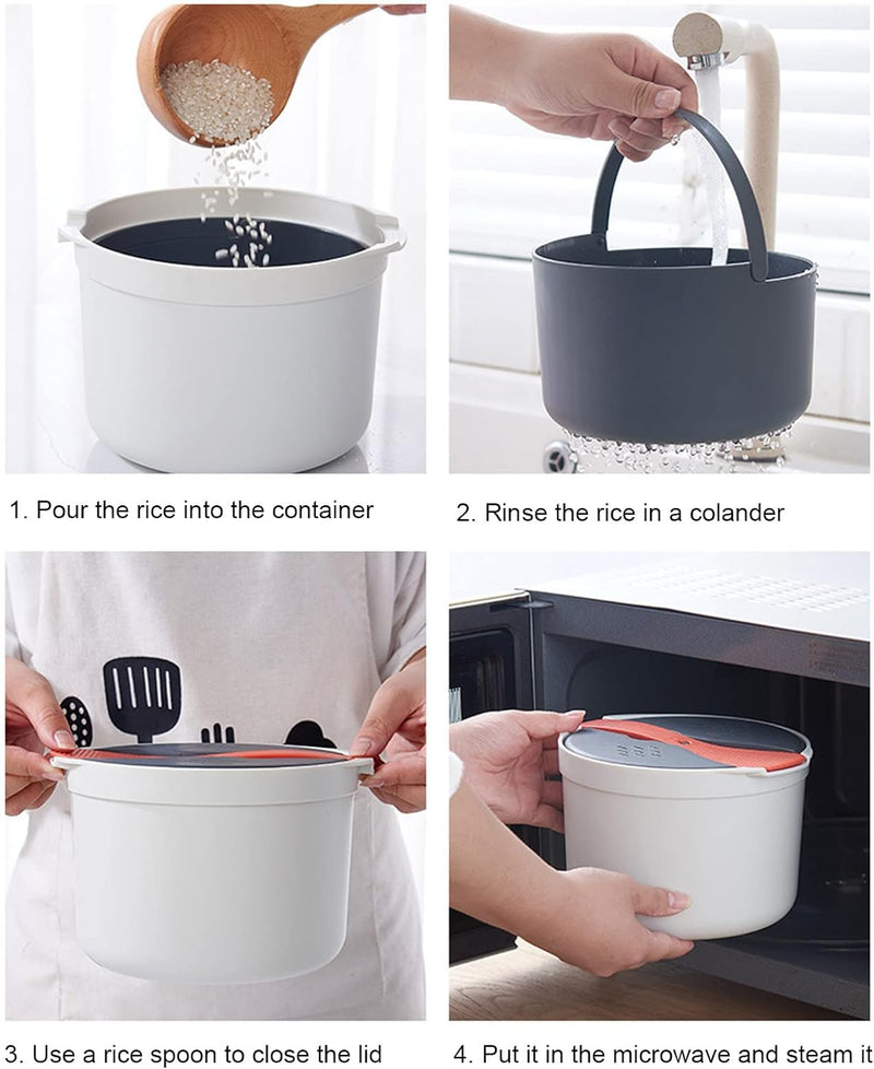 BROLEO Microwave Rice Cooker, 2L Capacity Food Grade PP Microwave Rice Cooker with Spoon, Lid and Strainer, Non Stick Steaming Pot Microwave Rice Maker for Home Meal Prep Cooker