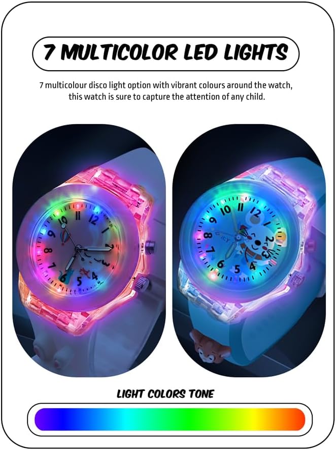 SPIKY Analog Watch for Kids | 3D Cartoon | 7 Multicolor LED Luminous Disco Lights with Silicone Strap | Unisex Best Birthday Gift | Analogue Wrist Watches for Boys & Girls | Age 3-10 Yrs