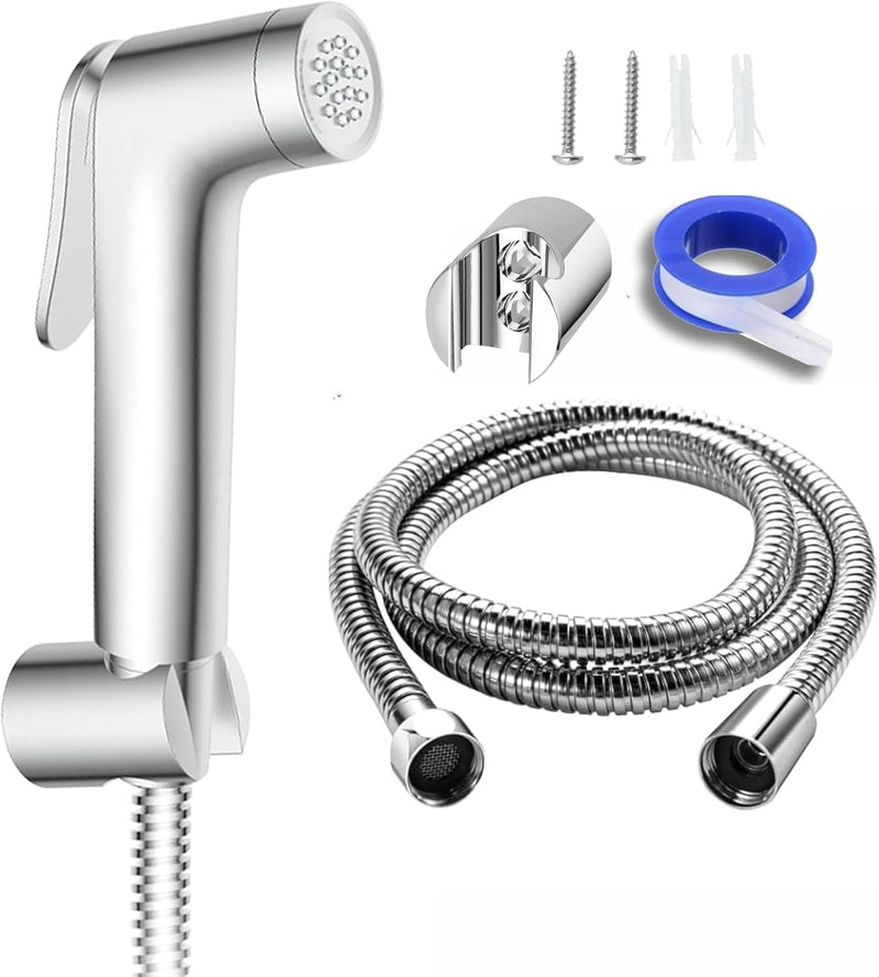 JUNARIS Handheld Bidet Sprayer Set for Toilet - شطاف تواليت Stainless Steel Shattaf with Premium Hose for Bathroom and Washroom | Chrome Shattaf Set Stainless Steel Hose (Classic)