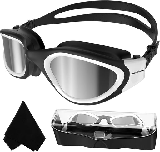 Winline Swimming Goggles Polarized Lenses Anti Fog Anti UV Waterproof Clear Vision Easy Adjust Soft Bridge for Men Women Adults Teens - Black&White/Silver Polarized Mirrored Lens