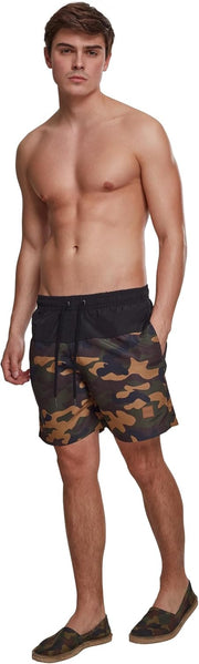 mens Block Swim Shorts Swim Trunks - Black/Wood Camo