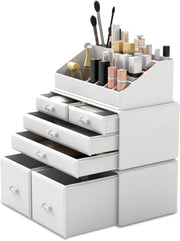 READAEER Makeup Cosmetic Organiser Storage Drawers Display Boxes Case with 6 Drawers, 3 Pieces, Freely Combined and Stacked. - White