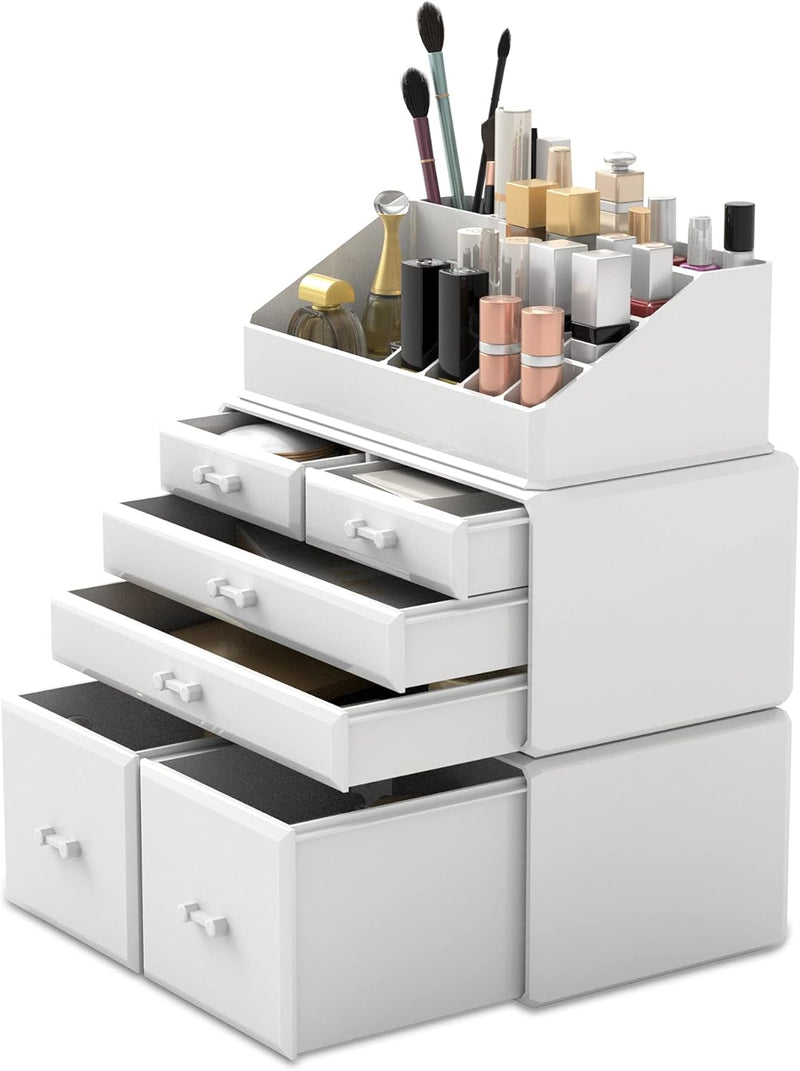 READAEER Makeup Cosmetic Organiser Storage Drawers Display Boxes Case with 6 Drawers, 3 Pieces, Freely Combined and Stacked. - White