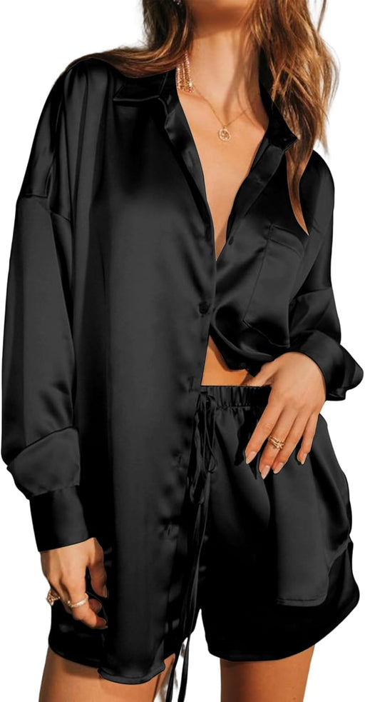 Womens 2 Piece Satin Outfits Long Sleeve Matching Sets Botton Down Shirt and Bottom Set Casual Tracksuit Sweatsuits - Black