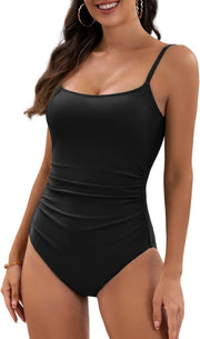 Women's One Piece Swimsuits Tummy Control Ruched Bathing Suit 1 Piece Swimwear - Black