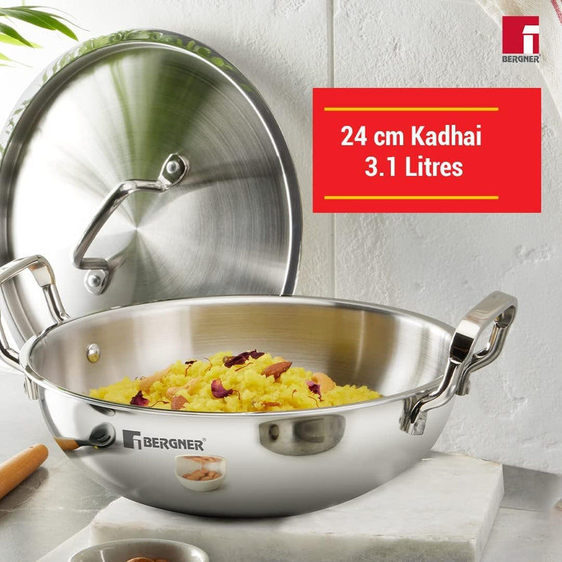 Bergner Tripro 4-Pc Triply Stainless Steel Cookware Set, 24cm (3.1L) Stir Fry Pan with Lid, 22cm Frying Pan, 16cm (1.7L) Saucepan, Less Oil Use Healthy Cooking Set, Even Heating, Induction & Gas Ready - Kadai / Frypan / Teapan 4pc