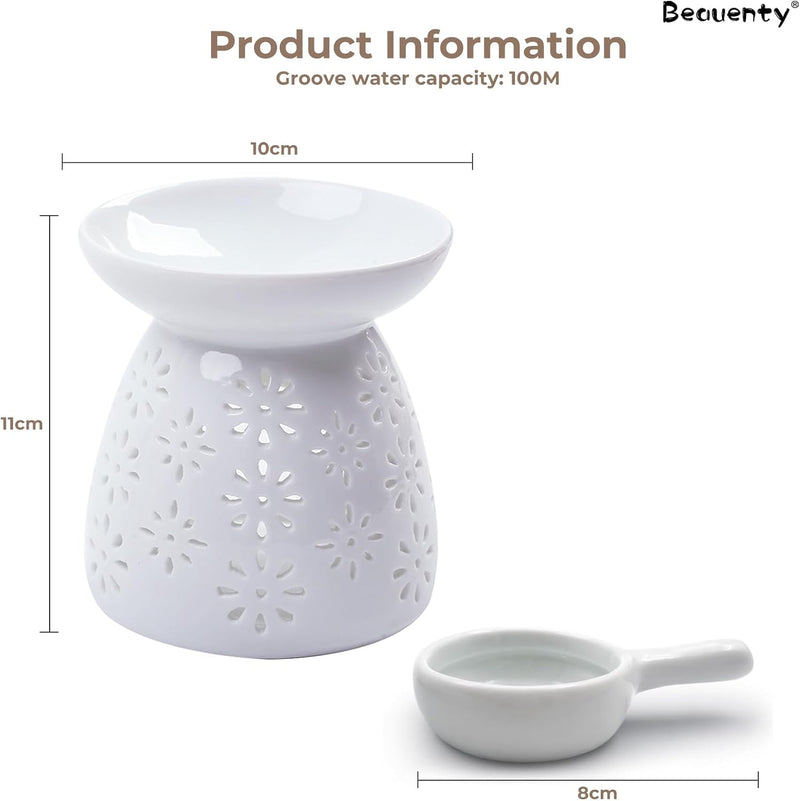 Beauenty Oil Candle Warmers, Ceramic Tealight Holder, Aroma Oil Burner, Aromatherapy Stove. White Carved Petal (Style 2)