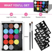Mumoo Bear Face Paint Kit, 15 Color Painting Palette with 2 Brushes 32 Stencils, Washable Paints Safe Body for Adults Kids Halloween Party Carnival, Makeup Non-Toxic to Use