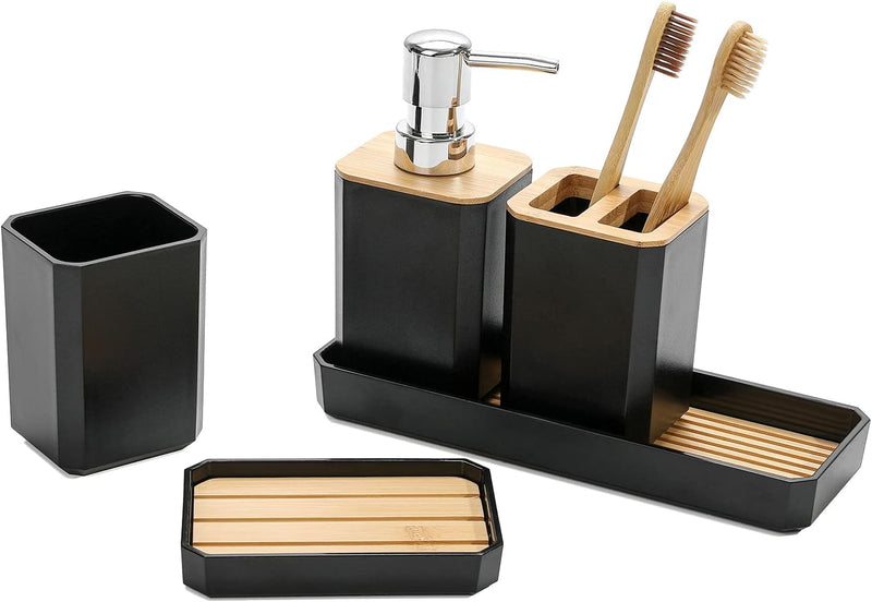 FEILANDUO Bathroom Accessories Set,5 Pcs Bathroom Accessory Gift Set, Soap Dispenser, Soap Dish, Toothbrush Holder, Toothbrush Cup, Vanity Tray, Boho, Modern Bathroom Decor (Black) - Black