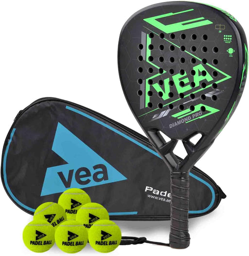 VEA Diamond Pro Padel Racket with 2 Tubes of Balls Carbon Fiber Racquet, EVA Core, 6 High-Bounce Padel Balls Premium Padel Set for Power & Control