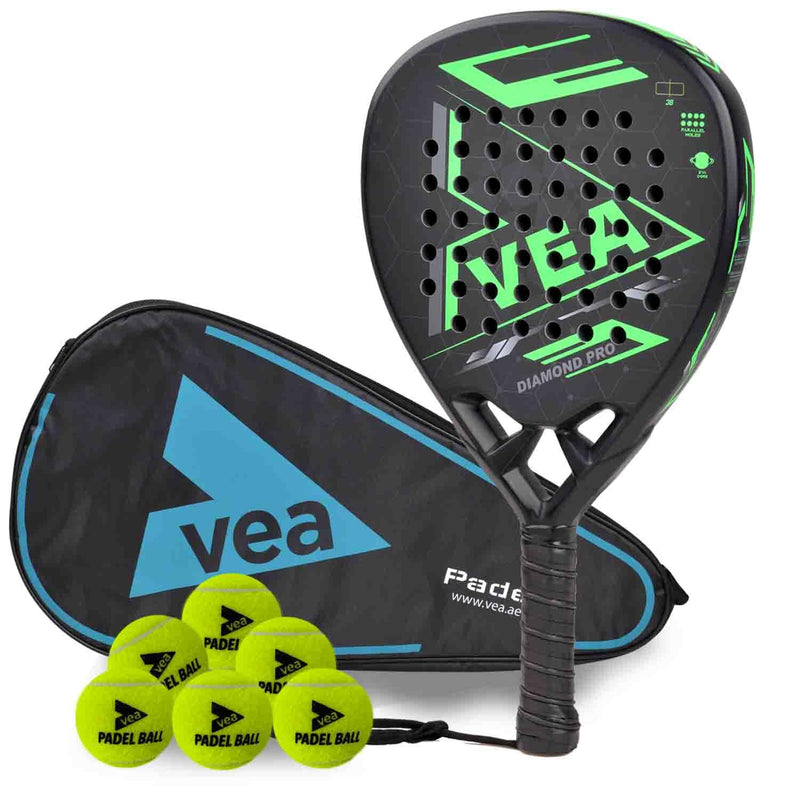 VEA Diamond Pro Padel Racket with 2 Tubes of Balls ??Carbon Fiber Racquet, EVA Core, 6 High-Bounce Padel Balls ??Premium Padel Set for Power & Control
