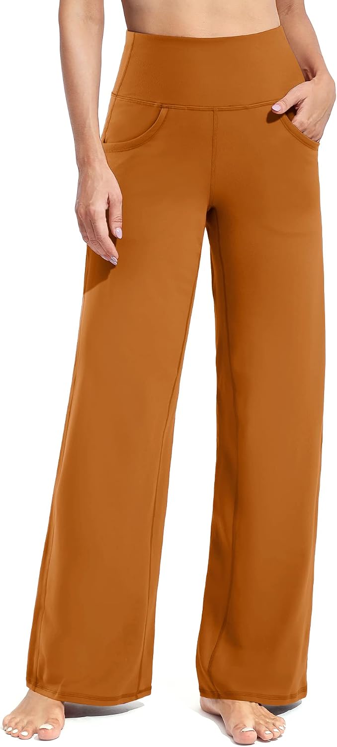Women Yoga Pants Activewear Leggings Trousers with Pockets Stretch Loose Casual Wide Lounge Sweatpants Petite/Regular/Tall - Brown Sugar