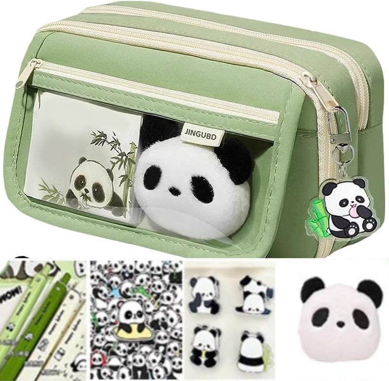 Panda Pencil Case, 10Pcs Cute Panda Pencil Case Large Capacity, Aesthetic Pencil Case, Pencil Pouch Cute With Zipper Preppy Pen Bag With 2 Gel Ink Pens, 2 Clips, 5 Stickers, Pin (Black) - Green