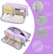 HASTHIP Large Capacity Pencil Case for Kids Girls Boys, 3 Compartments Pen Pouch Stationery Organizer Bag, Multi-Slot School Office Pencil Box for Teens Adults Women Men (Purple)