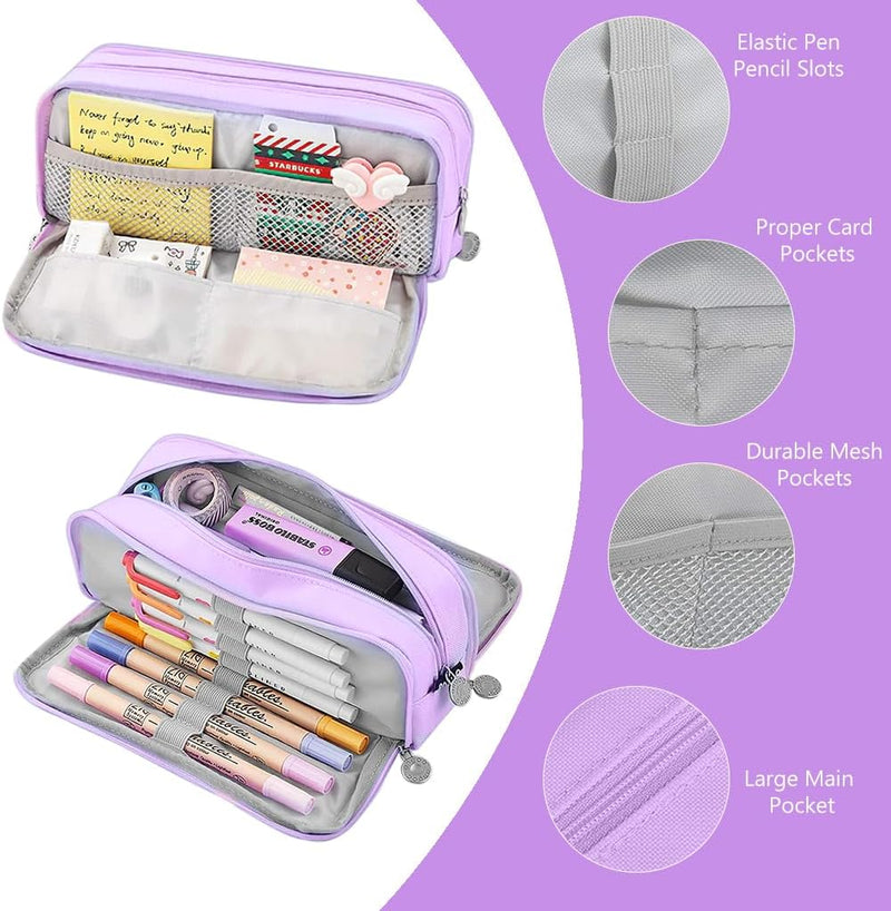 HASTHIP Large Capacity Pencil Case for Kids Girls Boys, 3 Compartments Pen Pouch Stationery Organizer Bag, Multi-Slot School Office Pencil Box for Teens Adults Women Men (Purple)