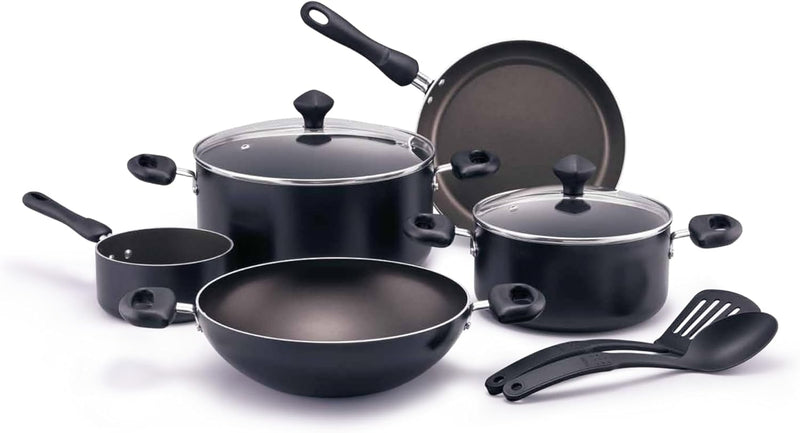 Prestige 9 Piece Non-Stick Cookware set Non Stick Aluminium Casserole Sauce Pan Fry Pan Red - Black
