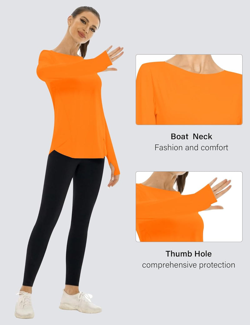 Rapbin Women's UPF 50+ Sun Protection T-Shirts Long Sleeve Boat Neck Workout Lightweight Quick Dry Top with Thumb Hole