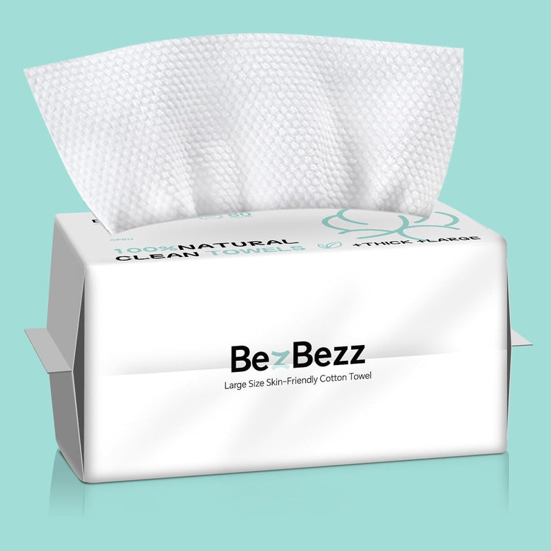 BezBezz Disposable Face Towels 80 Count, 100% Natural Biobased Face Towel for Sensitive Skin, Ultra Thick Super Absorption Large Clean Facial Cloth, Skincare Makeup Remover Dry Wipes