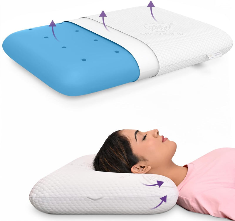MY ARMOR Ventilated Cool Gel Memory Foam Pillows for Sleeping, Orthopedic Pillows for Neck Pain Relief (White Cover, Cool Gel Thin (pack of 1)) - Cool-Gel Pillow with Cover Standard (Pack of 1)