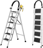 Foldable Ladder 3 Steps, Home Ladder Folding Step Stool with Wide Anti-Slip Pedal, 112 x 68 x 42.5 CM - White 6 Steps