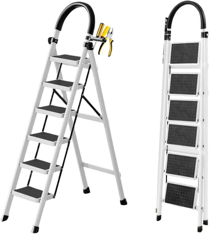 Foldable Ladder 3 Steps, Home Ladder Folding Step Stool with Wide Anti-Slip Pedal, 112 x 68 x 42.5 CM - White 6 Steps
