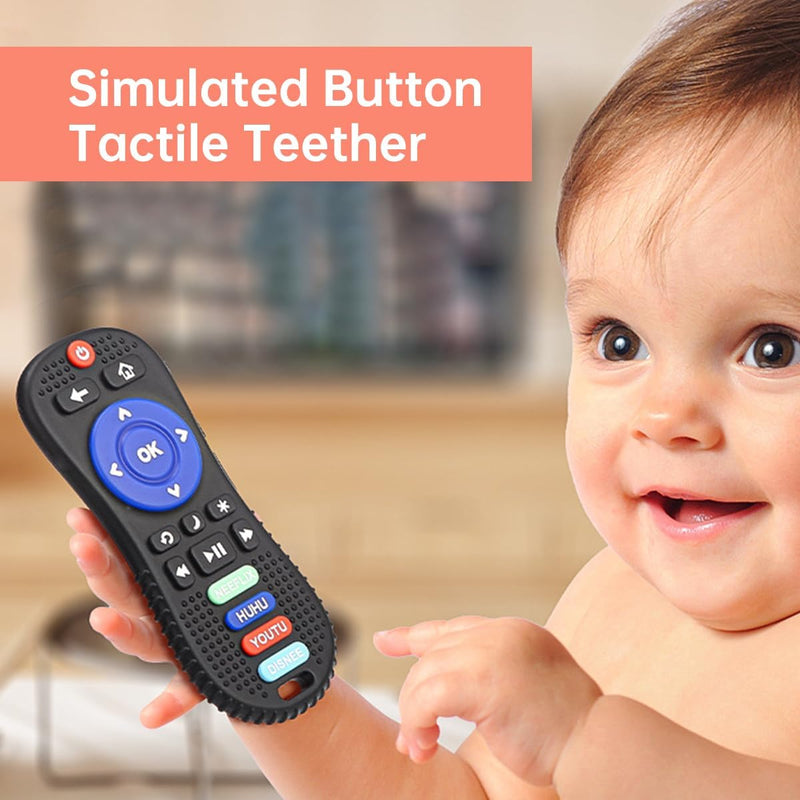 ECVV 2 Pack Remote Control Baby Teething Toys Silicone Baby Relief Teether BPA Free Remote Teether Chew Toys for Toddlers Infant (Black & Gray)