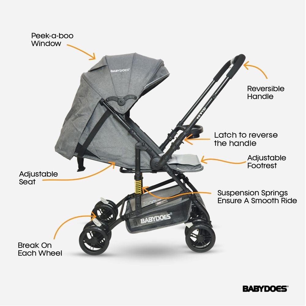 OLLA R+ Baby Stroller with Reversible Handle, One-Hand Fold, Cup Holder, 5-Point Harness, 0 to 4 Years (Up to 20 kg) Grey