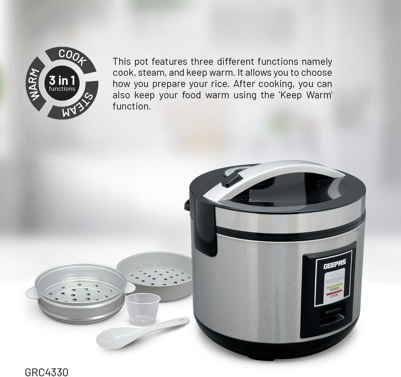 Geepas 1.8L Stainless Steel automatic Rice Cooker- GRC4330| 762W, Non-Stick Inner Pot, Stainless Steel BodyMake Rice and Steam Healthy Vegetables | 2-Year Warranty