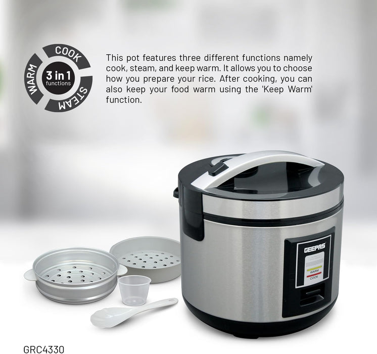 Geepas 1.8L Stainless Steel automatic Rice Cooker- GRC4330| 762W, Non-Stick Inner Pot, Stainless Steel BodyMake Rice and Steam Healthy Vegetables | 2-Year Warranty