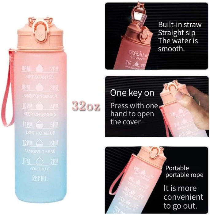 3 Pack Sports Water Bottle With Straw,2L+900ml+500ml Measured Plastic Drinking BPA Free Non-Toxic Sports Drinks Time Markings Motivational Fitness (Pink)