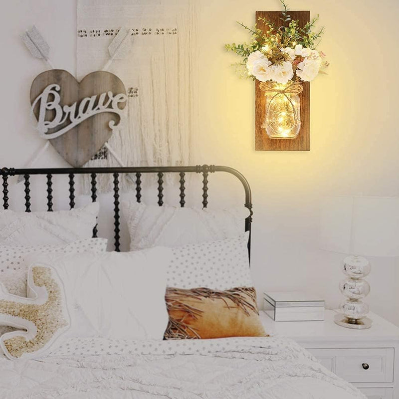 Mumoo Bear Rustic Wall Sconces Mason Jar Handmade Art Hanging Design with Remote Control LED Fairy Lights and White Peony,Farmhouse Kitchen Decorations Living Room Set of Two