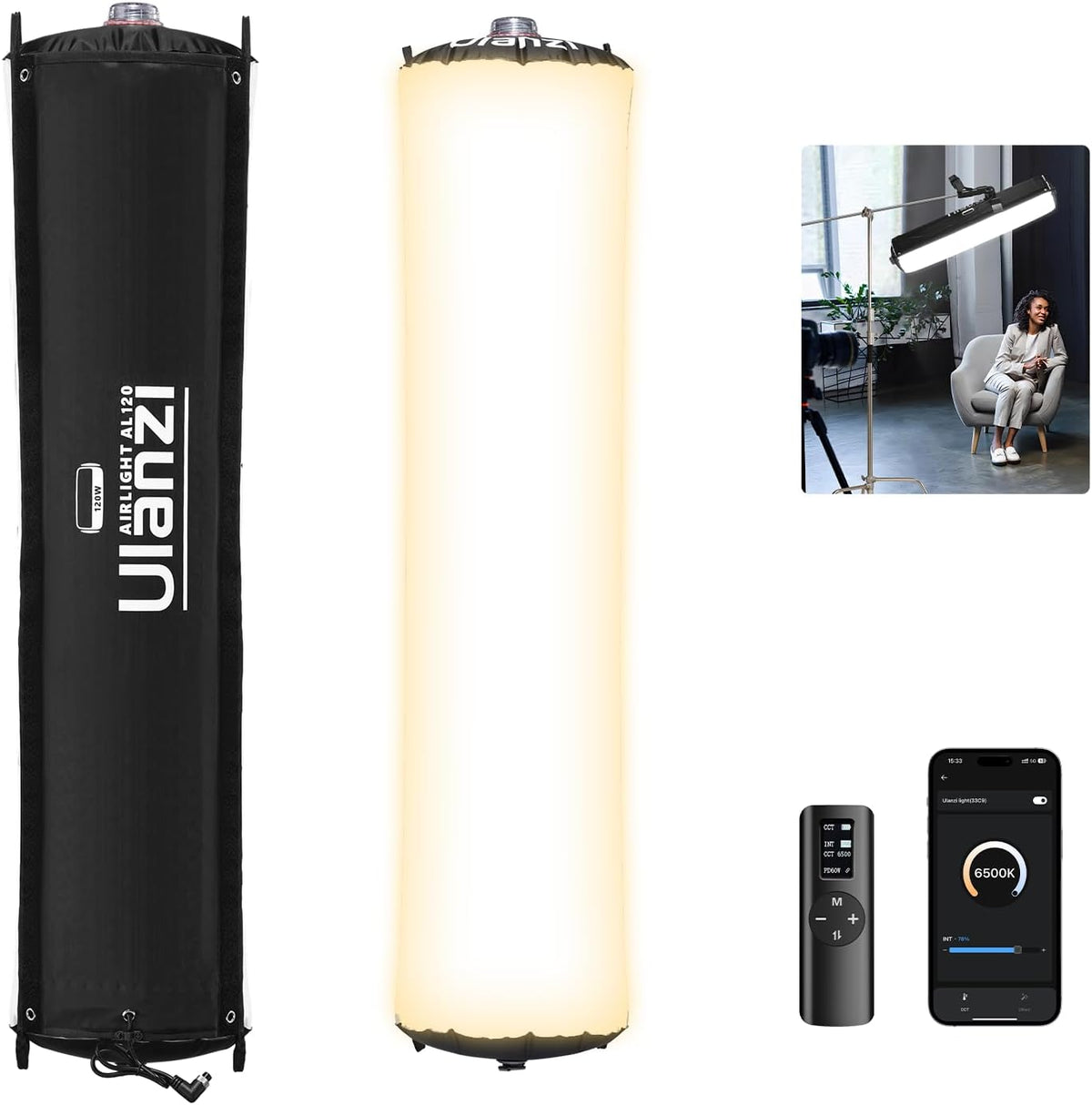 Ulanzi Inflatable Tube Light - LED Video Light with Remote Bi Color Portable Soft Box Fill Light for Photography/Video/Photo/Live Stream/YouTube (120W) (Tube Light) – image 1