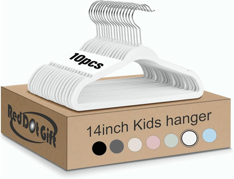 Red Dot Gift® 10-Pack Baby Velvet Hangers - Nursery Clothes Hangers Non Slip Toddler Hangers, 360 Chrome Swivel Hook (White, 28 cm)