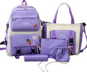 Kids Cute Backpack Set for School, 5PCS Kwaii School Bag Large-capacity, Girls Boys Back to School Book Bag Backpack for Teen - A/purple